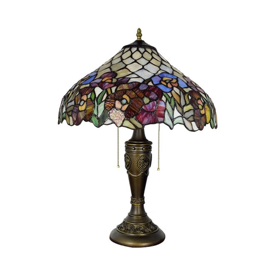 Victorian Stained Glass 2-Bulb Bronze Table Lamp With Pull-Chain Night Light For Living Room -