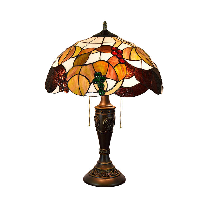 Aubrey - Tiffany 2 Heads Bowl Pull Chain Table Lighting Tiffany Brown/White-Brown Glass Nightstand Lamp with Grapes Pattern