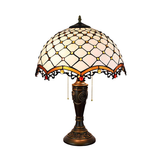 Baroque Style White Glass Fishscale Table Light With Bronze Finish 2 Lights And Pull Chain - Perfect