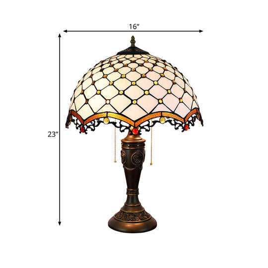 Christelle - White White Glass Fishscale Table Light Baroque Style 2 Lights Bronze Night Lamp with Pull Chain for Sitting Room