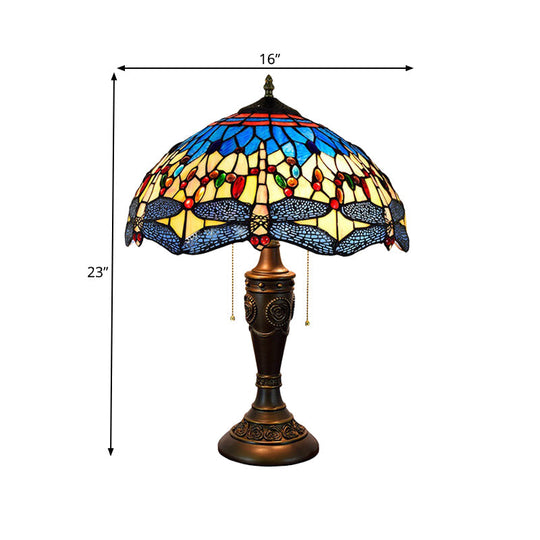 Mediterranean Dragonfly Jeweled Table Lamp - Blue-Green/Yellow-Blue Glass Nightstand Light With Pull