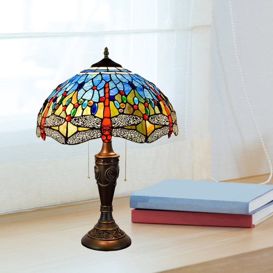 Mediterranean Dragonfly Jeweled Table Lamp - Blue-Green/Yellow-Blue Glass Nightstand Light With Pull