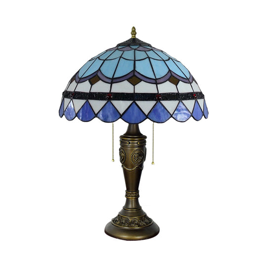 Mediterranean Teardrop-Edge Blue And White Nightstand Lamp With Pull Chain