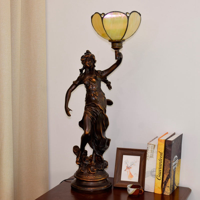 Scalloped/Cone Shade Tiffany Table Light With Greek Woman Statue - Yellow/White-Brown Yellow