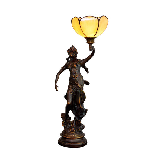 Scalloped/Cone Shade Tiffany Table Light With Greek Woman Statue - Yellow/White-Brown