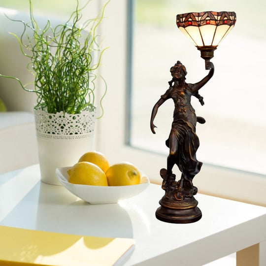 Scalloped/Cone Shade Tiffany Table Light With Greek Woman Statue - Yellow/White-Brown