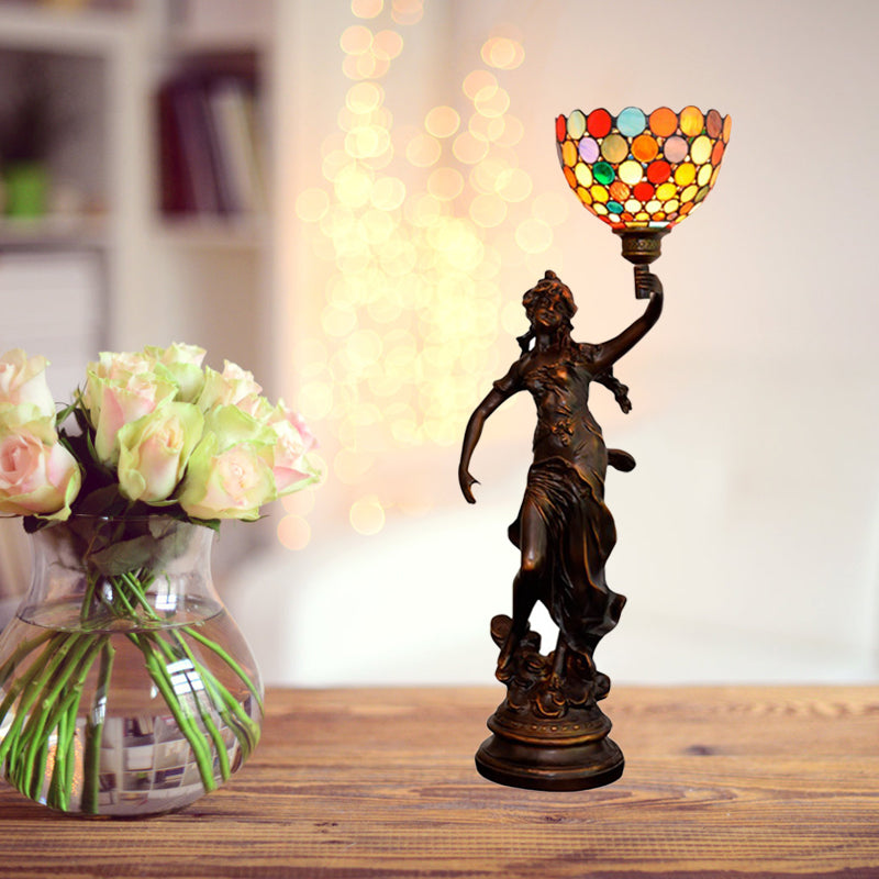 Woman Holding Torch Tiffany Stained Glass Coffee Night Lamp