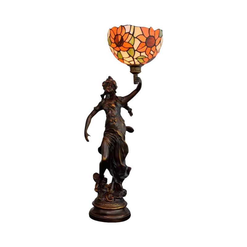 Suhail - Sunflower Inverted Bell Table Lighting 1-Light Orange/Yellow-Blue Sunflower Glass Tiffany Night Lamp with Girl Pedestal