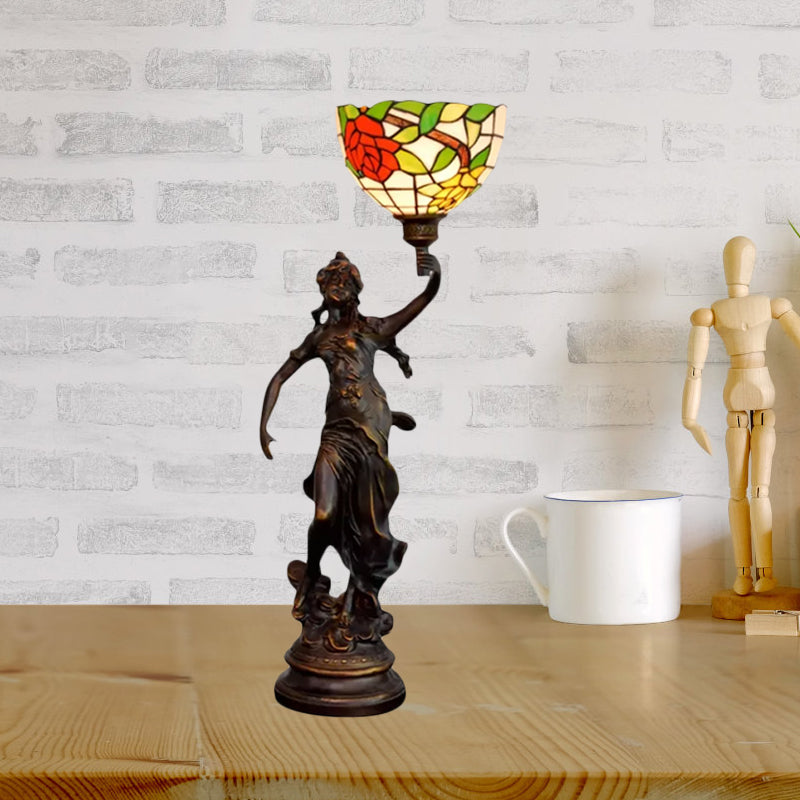 Tiffany Resin Torchiere Table Lamp With Floral Glass Shade - Bronze Nightstand Light Red-Yellow