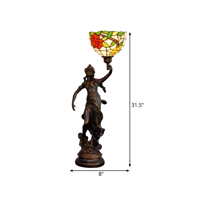 Raelynn - Resin Resin Torchiere Table Light Tiffany 1 Bulb Bronze Nightstand Lamp with Red-Yellow/Blue/Red Flower Glass Shade