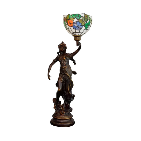 Tiffany Resin Torchiere Table Lamp With Floral Glass Shade - Bronze Nightstand Light