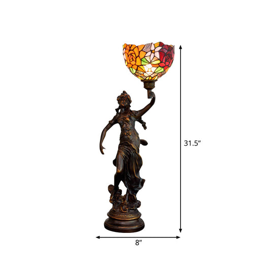 Bronze Angel Statue Night Stand Light - White-Green/Orange/Green Floral Glass Tiffany Table Lighting