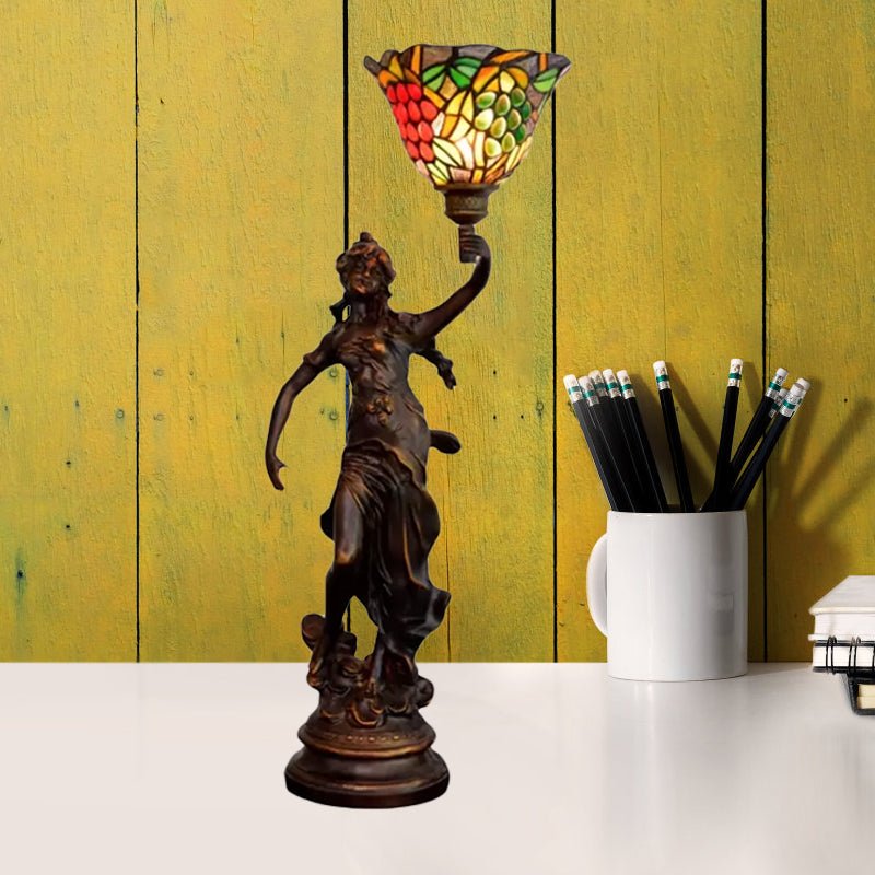 Bronze Angel Statue Night Stand Light - White-Green/Orange/Green Floral Glass Tiffany Table Lighting