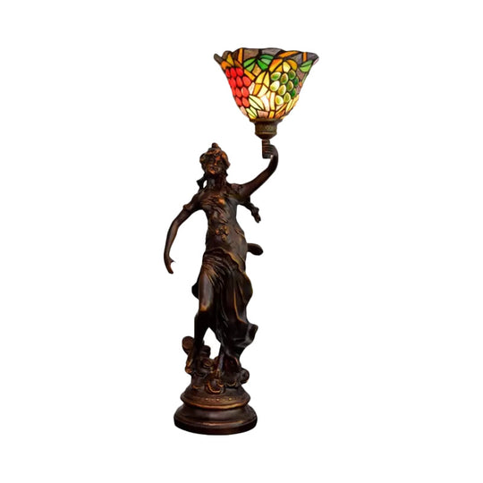 Bronze Angel Statue Night Stand Light - White-Green/Orange/Green Floral Glass Tiffany Table Lighting