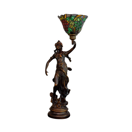 Bronze Angel Statue Night Stand Light - White-Green/Orange/Green Floral Glass Tiffany Table Lighting