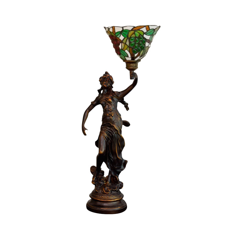 Bronze Angel Statue Night Stand Light - White-Green/Orange/Green Floral Glass Tiffany Table Lighting