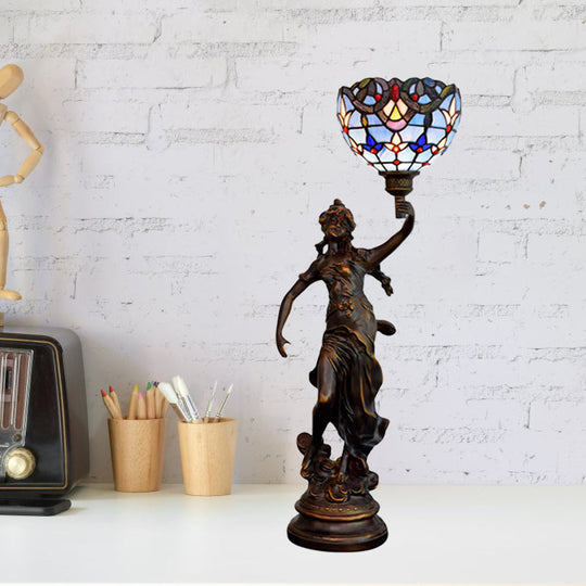 Gatria - Bronze Bronze Women Sculpture Night Lamp Victorian Style 1 Head Resin Table Light with Blue-White/Blue Tiffany Glass Shade