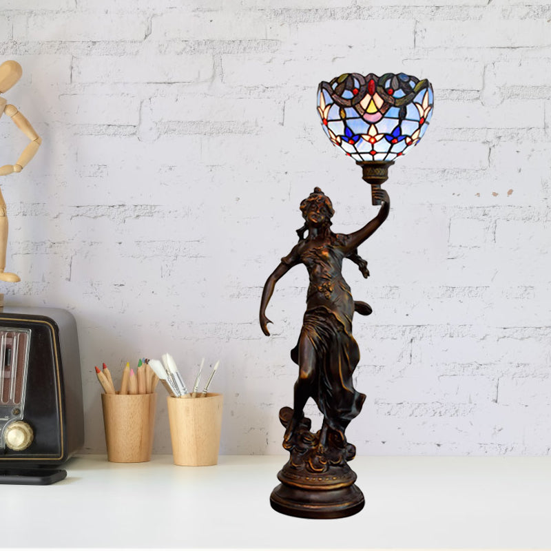 Victorian Style Bronze Women Sculpture Night Lamp - Elegant 1 Head Resin Table Light With