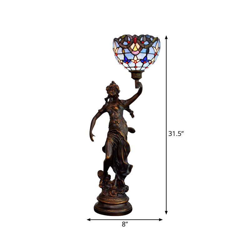 Gatria - Bronze Bronze Women Sculpture Night Lamp Victorian Style 1 Head Resin Table Light with Blue-White/Blue Tiffany Glass Shade