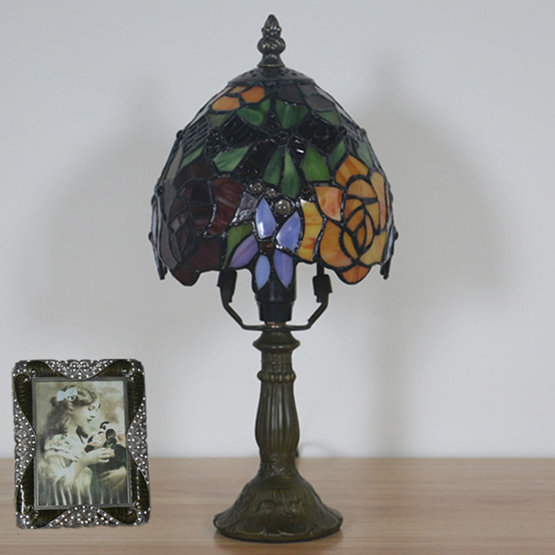 Aubrey - Baroque 1 Head Rose Patterned Night Lamp Baroque Dark Coffee Stained Art Glass Nightstand Light with Bowl Shade