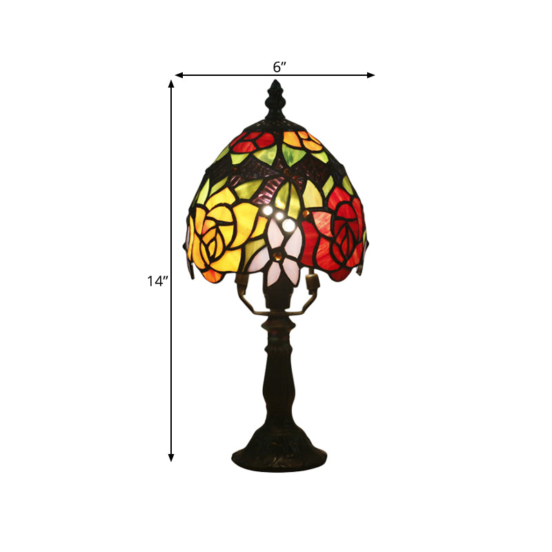 Aubrey - Baroque 1 Head Rose Patterned Night Lamp Baroque Dark Coffee Stained Art Glass Nightstand Light with Bowl Shade