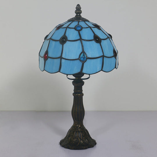 Corinne - Blue Blue Glass Lattice Bowl Table Lighting Mediterranean 1 Head Bronze Gem Patterned Desk Lighting for Bedroom