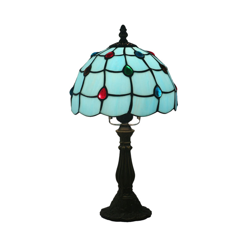 Blue Glass Lattice Bowl Table Lamp - Mediterranean Bronze Gem Patterned Desk Lighting For Bedroom