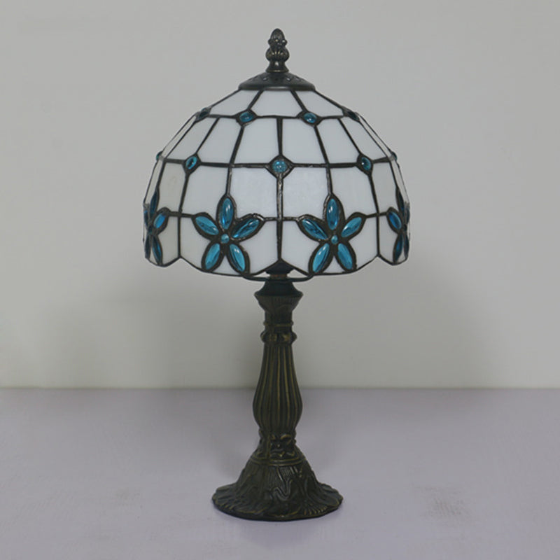 Victorian Lattice Glass Table Lamp - White Bowl Design 1 Light Red/Yellow/Blue Floral Pattern