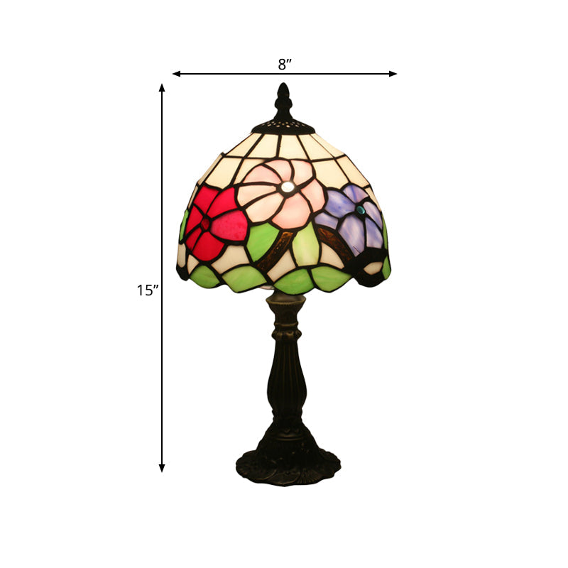 Tiffany Bronze Petal Patterned Nightstand Light With Stained Glass Shade