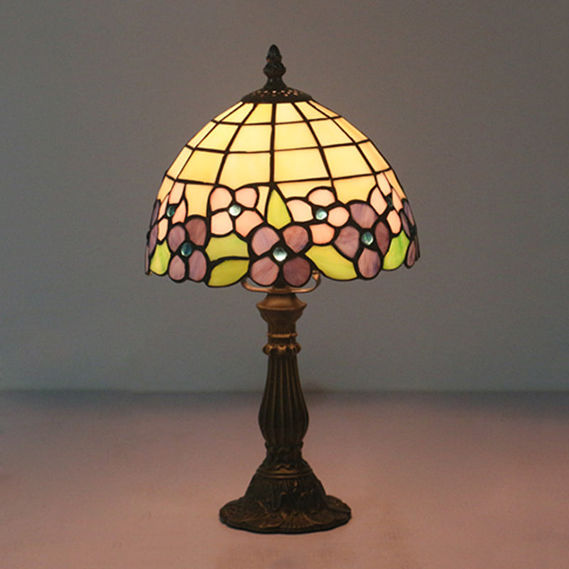 Tiffany Hand-Cut Glass Bowl Night Light - Flower Patterned Table Lamp In Red/Yellow/Purple For