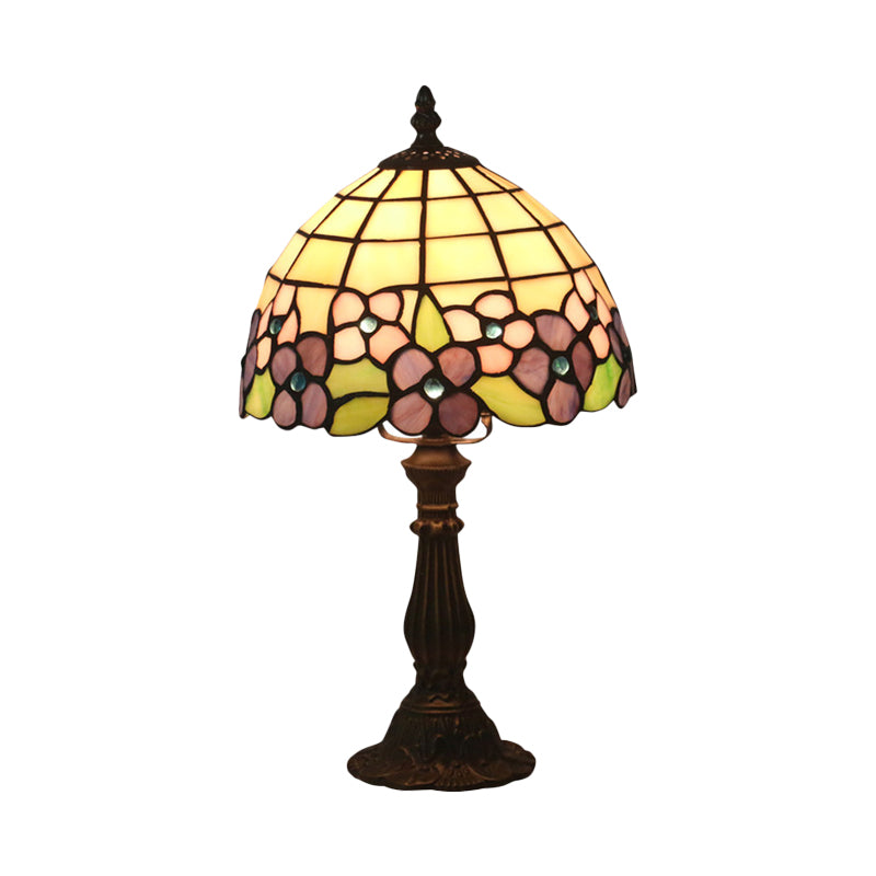 Tiffany Hand-Cut Glass Bowl Night Light - Flower Patterned Table Lamp In Red/Yellow/Purple For