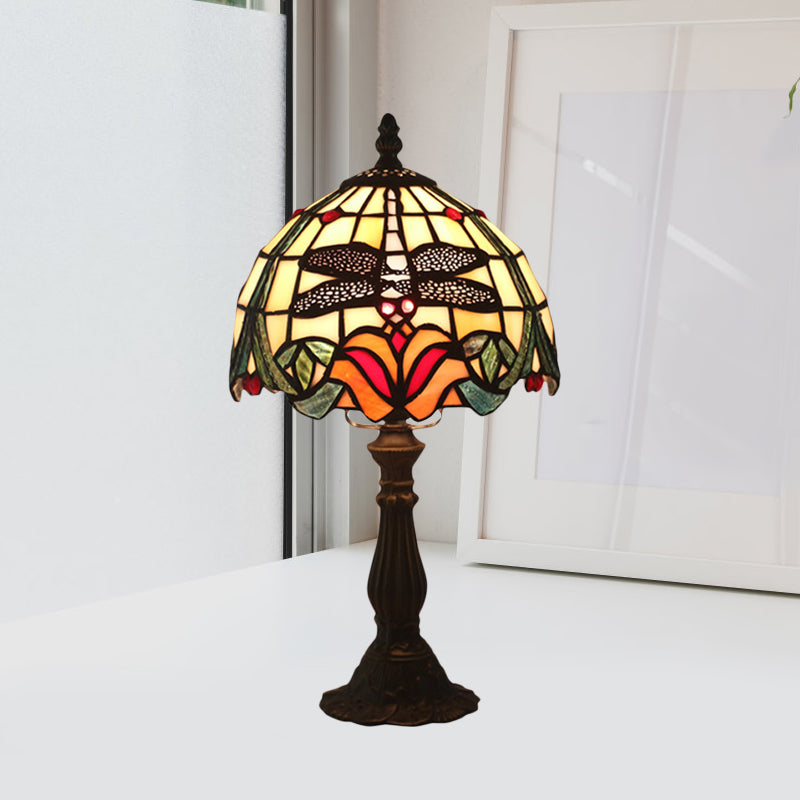 Victorian Dragonfly And Floral Patterned Table Lamp - Stained Glass Red/Orange Dome Shade With