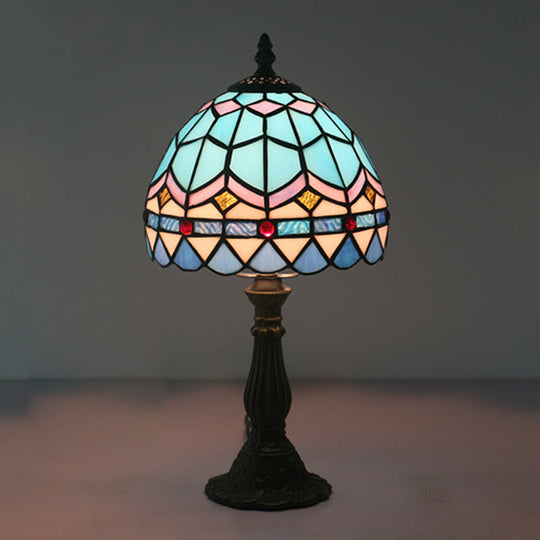Tiffany Art Glass Night Lamp - Bowl Shaped Stained Table Lighting In Yellow/Blue Blue