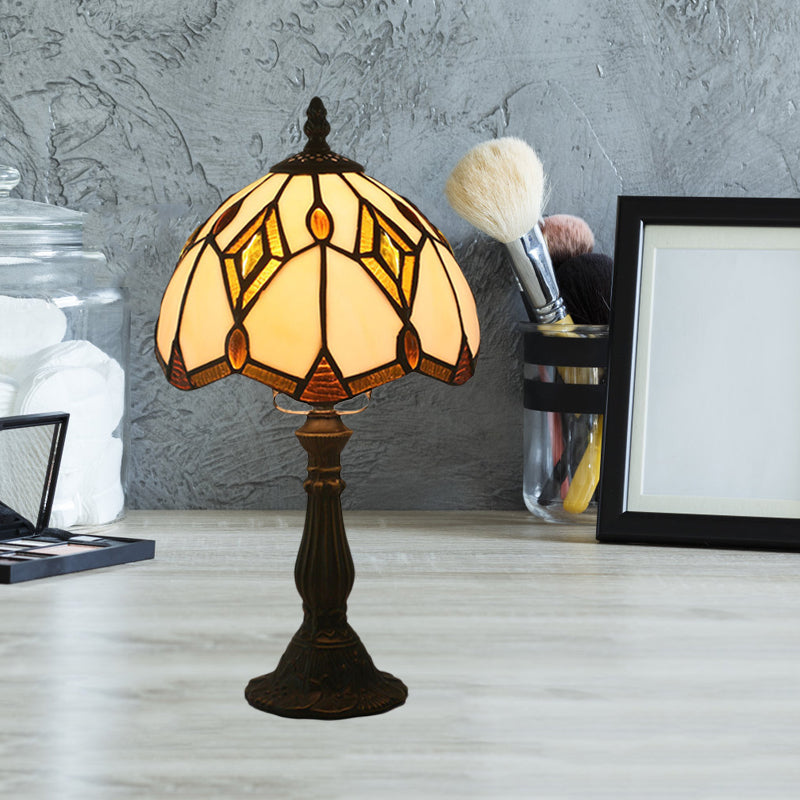 Mediterranean Bronze Domed Desk Lamp With Beige Glass And Rhombus Patterned Night Light