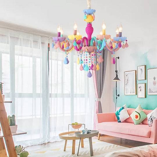 Crystal Decorated Kids Chandelier: Multi-Color Hanging Light For Kindergarten 8 /
