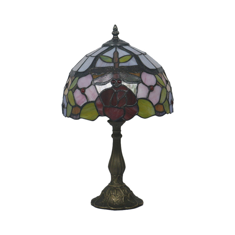 Bronze Domed Task Lighting - Mediterranean Art Glass Table Lamp With Rose And Dragonfly Pattern