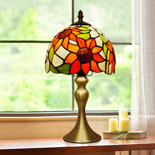 Sunflower Stained Glass Tiffany Table Lamp With Brass Base Brushed