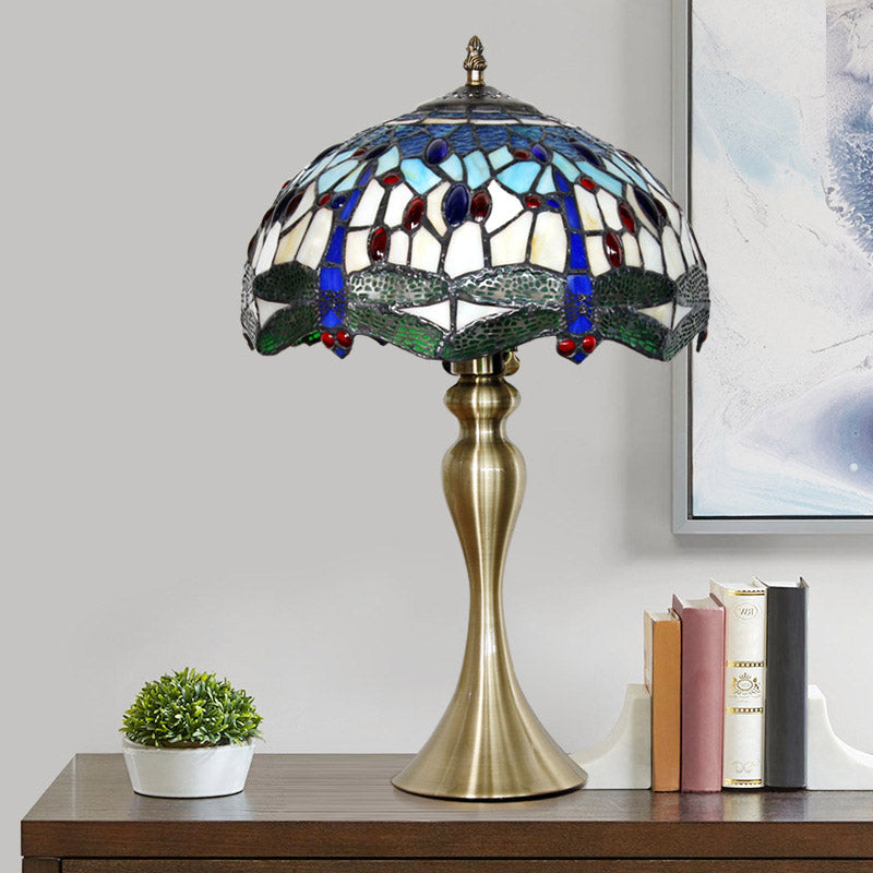 Aurélie - Tiffany Green Dragonfly Glass Nightstand Lamp in Gold
