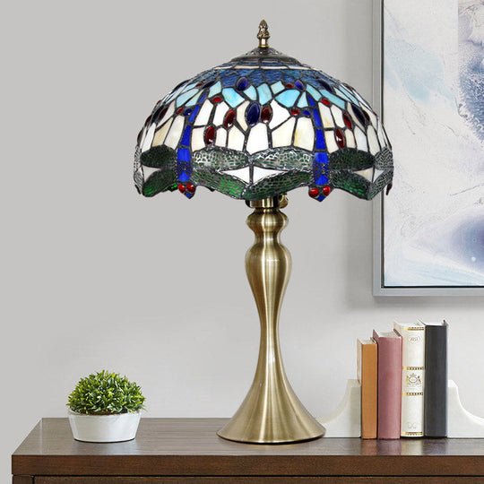 Tiffany Green Dragonfly Glass Nightstand Lamp - Gold Base Bowl Shape Table Lighting