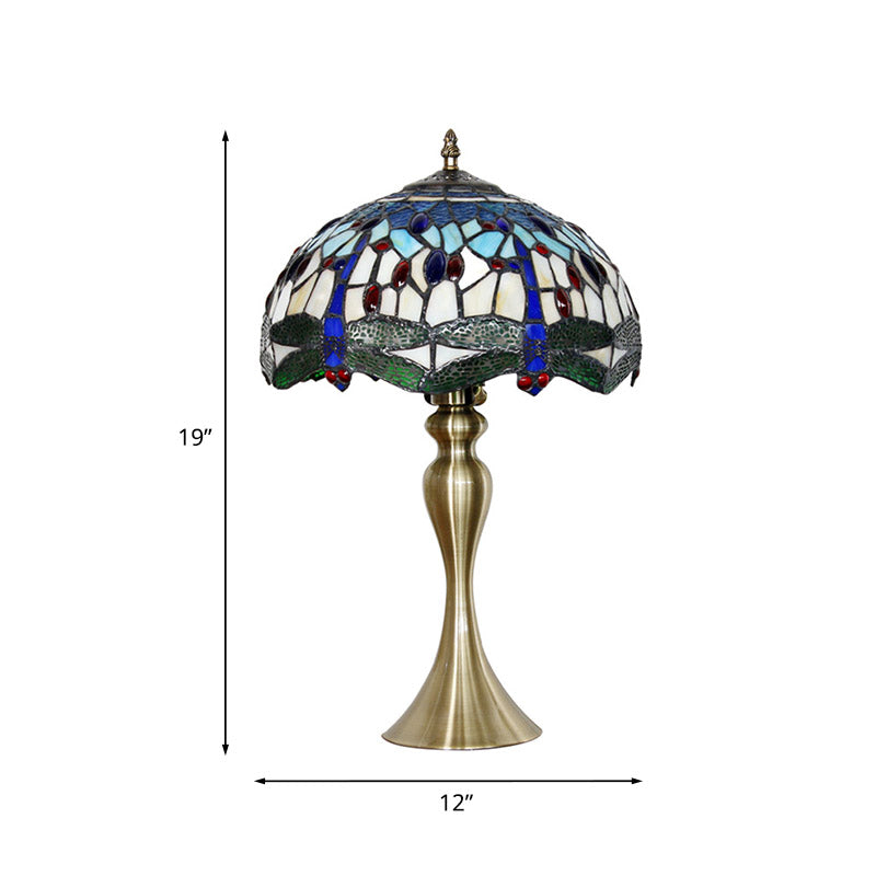 Tiffany Green Dragonfly Glass Nightstand Lamp - Gold Base Bowl Shape Table Lighting