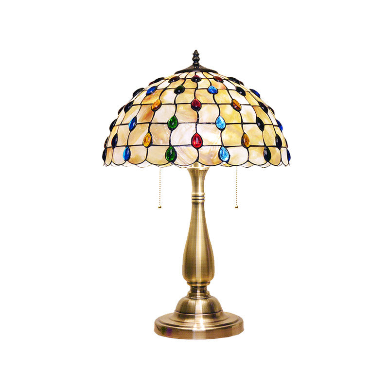 Altais - Gold Jewel-Embedded Grid Table Light Tiffany Shell 2 Bulbs Gold Pull Chain Nightstand Lamp for Bedroom
