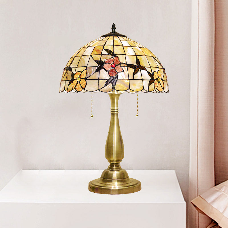 Tiffany Sparrow Pull-Chain Night Light Table Lamp - 2-Head Shell Design In Brushed Brass For Bedside