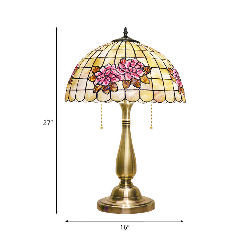Eleanor - Flower Flower Pattern Grid Shell Table Lamp Tiffany Style 2 Bulbs Gold Finish Night Stand Light with Pull Chain