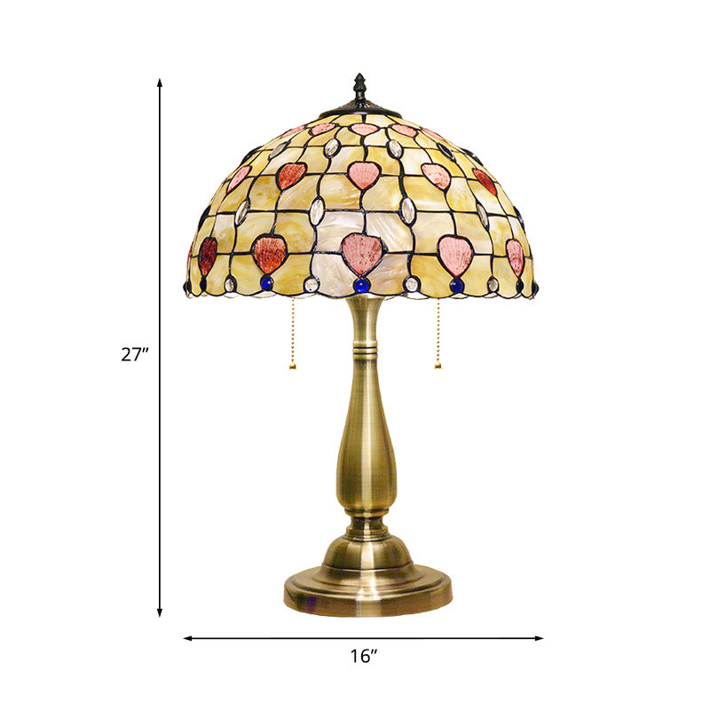 Brushed Gold Table Lamp With Dotted Pattern Bowl Shell 2 Lights Pull Chain For Night Stand