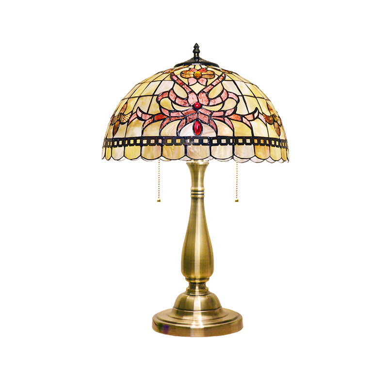 Vintage Floral Table Lamp With Dual Heads Pull Chain & Brushed Gold Finish - Perfect For Bedside