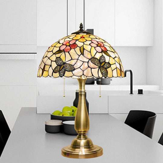 Brass Night Light Tiffany Table Lamp - Shell Brushed With Butterflies And Flower Details 2 Lights