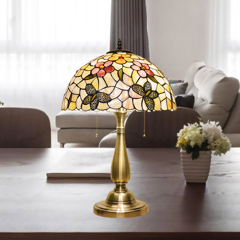 Brass Night Light Tiffany Table Lamp - Shell Brushed With Butterflies And Flower Details 2 Lights