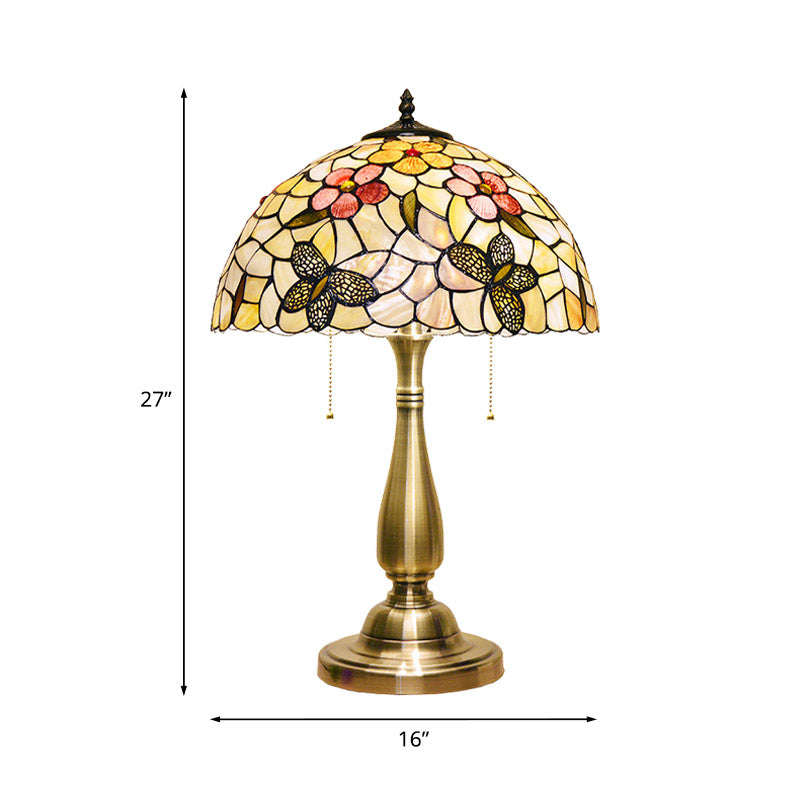 Aria - Shell Shell Brushed Brass Night Light Butterflies and Flower 2 Lights Tiffany Pull Chain Table Lamp