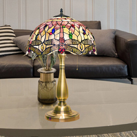 Tiffany Dragonfly Scalloped Dome Shell Night Lamp With Brushed Brass Base - 2 Heads Pull Chain And