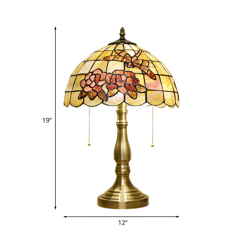 Victoire - Brushed Brass Tiffany Shell Dragonfly on Peony Table Lamp